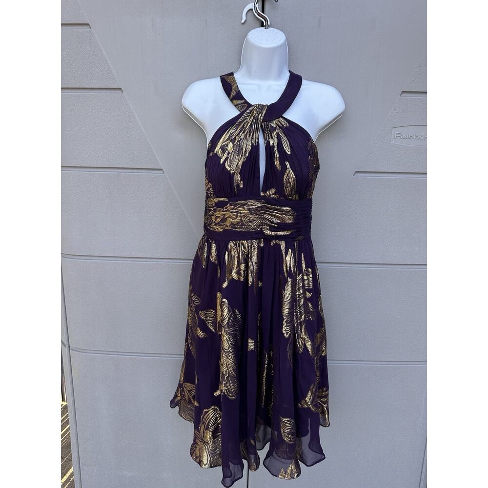 AIDAN MATTOX PURPLE SILK GOLD METALLIC FOIL HALTER DRESS SZ 8 Y2K PARTY PROM